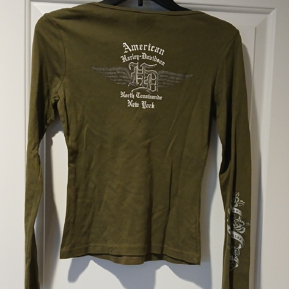 Harley-Davidson Olive Green Women's Long-Sleeve V-Neck Tee with Chest Graphic - Picture 2 of 3